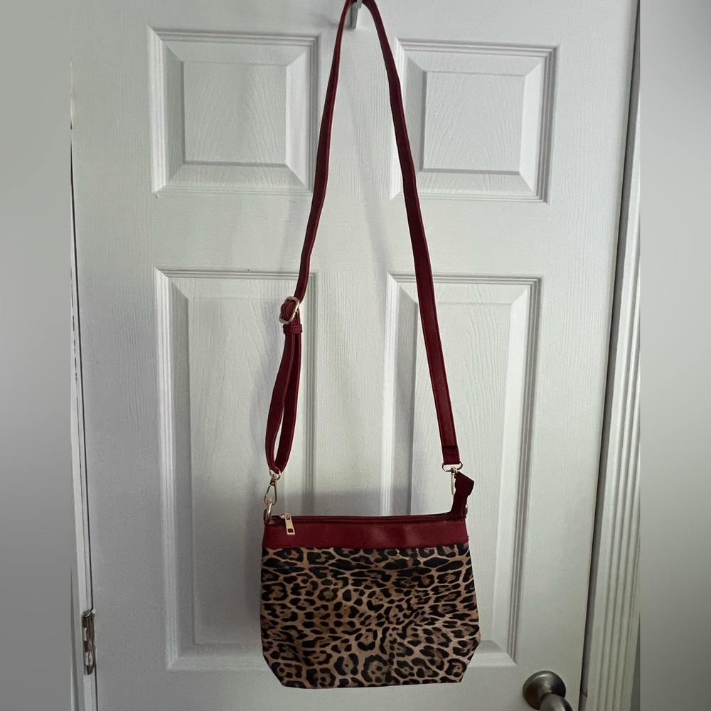 Leopard Print Crossbody Bag with Red Accents